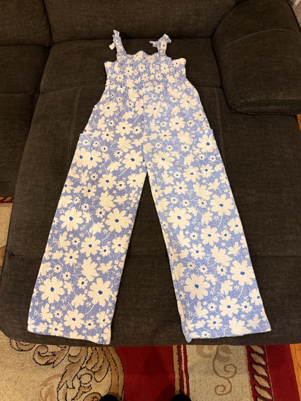 Girls Blue & White Floral Smocked Jumpsuit